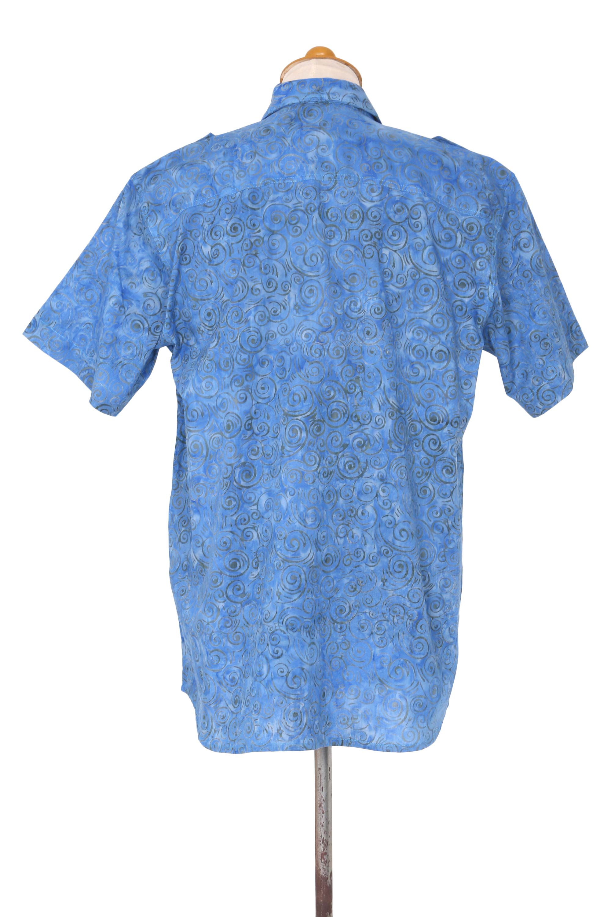 Men's Short Sleeve Blue Cotton Batik Shirt - Blue Bali Expedition | NOVICA