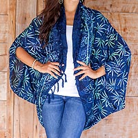 Navy Blue Print Rayon Batik Open Front Jacket for Women - Denpasar Lady ...