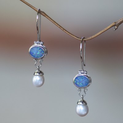 Cultured Pearl And Opal Sterling Silver Drop Earrings Harmony Novica Cultured Pearl And Opal Dangle Earrings Harmony Sterling