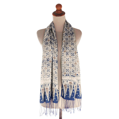 Batik silk scarf, 'Truntum World in Ivory' - Batik Silk Scarf with Floral Motifs in Ivory and Blue