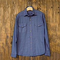 Men's long-sleeved cotton shirt, 'Shadow Canyon' - Men's Long Sleeved Peruvian Cotton Shirt