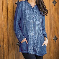 Embroidered rayon tunic, 'Blue Streak' - Embroidered Blue Button Front Rayon Tunic from India