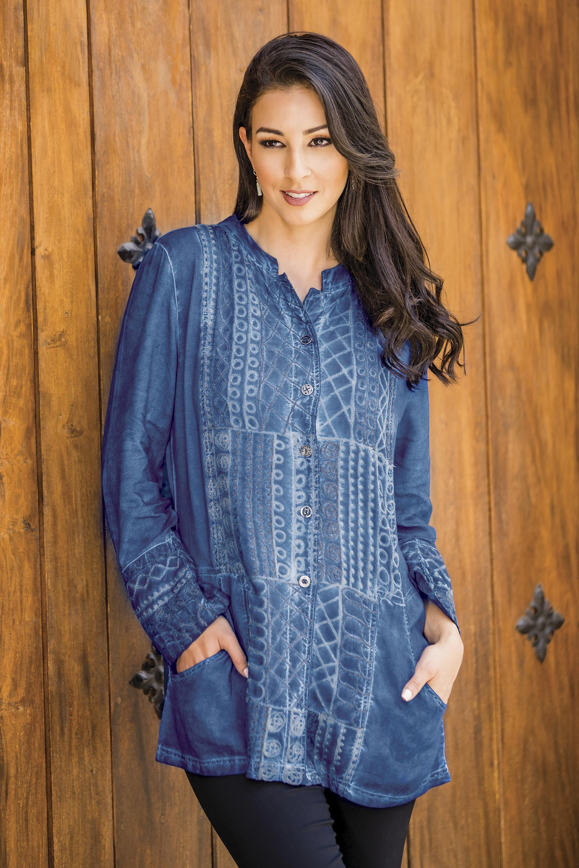 Embroidered Blue Button Front Rayon Tunic from India - Blue Streak | NOVICA