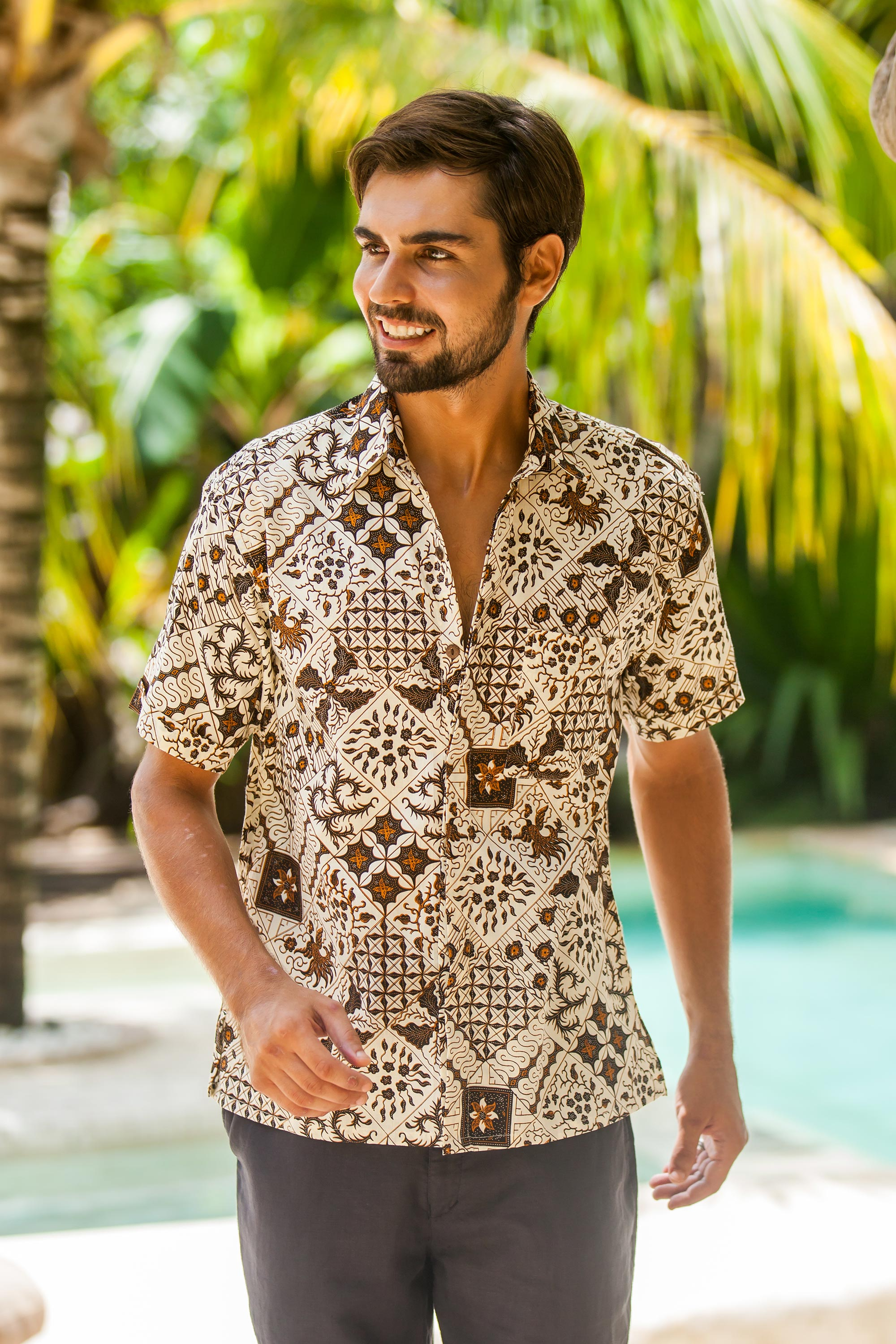 Handmade Men's Cotton Batik Shirt with Balinese Motifs - Javanese Batik ...