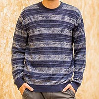 Men's Blue Pima Cotton Crewneck Sweater,'Laguna'