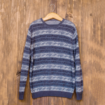 Men's pima cotton crewneck sweater, 'Laguna' - Men's Blue Pima Cotton Crewneck Sweater