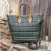 Leather travel bag, 'Italian Highlands' - Green Tartan Tuscan Genuine Leather Travel Bag