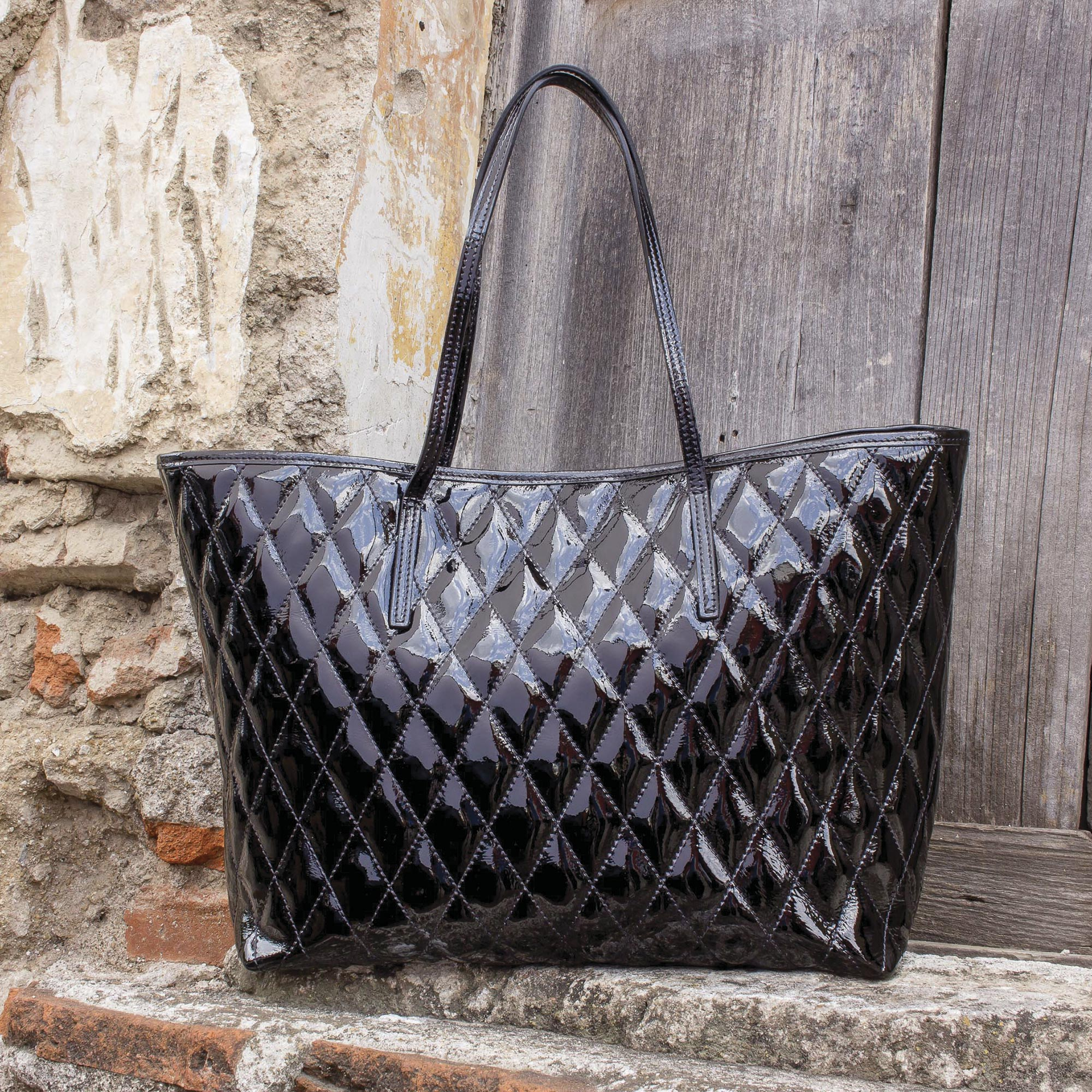 black patent leather tote bag