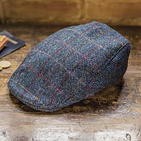 Men's wool touring cap, 'Pride of Donegal' - Men's Navy  Wool Windowpane Tweed Touring Cap