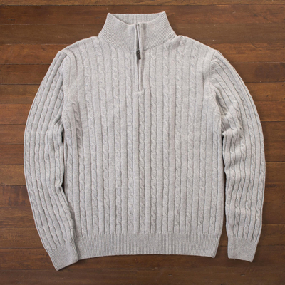 Men's wool blend quarter-zip sweater, 'Legend' - Etruscan Quarter Zip Wool Blend Sweater in Grey