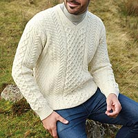 Men's Irish Aran Islands Wool V-Neck Sweater - Cliffs of Inis Mor | NOVICA
