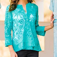 Floral Swirl Embroidered Sheer Turquoise Jacket,'Island Breeze'