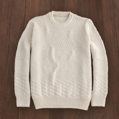Suéter de lana irlandés para hombre, 'Bremore' - Suéter de lana texturizado irlandés para hombre en color marfil