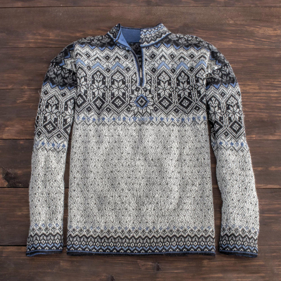 Men's 100% alpaca sweater, 'Blue Grecas' - Men's Blue Patterned Alpaca Sweater