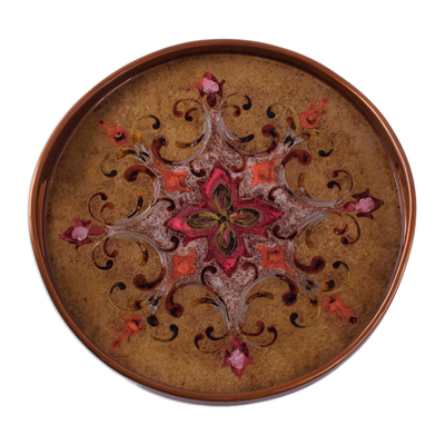 Reverse painted glass tray, 'Spice Brown Andean Starflower' - Spice Brown Circular Reverse Painted Glass Tray from Peru