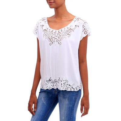 Rayon blouse, 'White Kusuma' - Floral Embroidered Rayon Blouse in White from Bali
