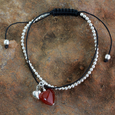 Carnelian charm bracelet, 'Love's Measure' - Carnelian and Silver Heart Theme Charm Bracelet