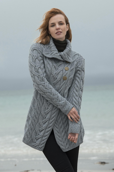 Merino wool shawl collar cardigan, 'Cliff Walk' - Irish Merino Wool Long Cardigan