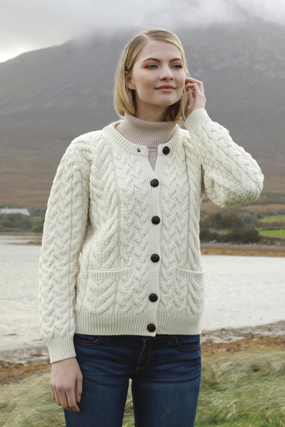 Irish merino wool cardigan, 'Connemara Comfort' - Irish Merino Wool Cable Knit Crew Neck Cardigan
