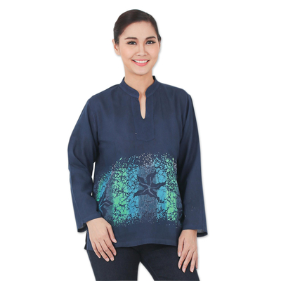 Cotton batik blouse, 'Deep Sea' - Blue Cotton Blouse with Hand Painted Batik Design