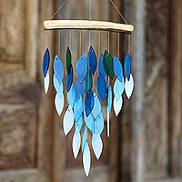 Glass and driftwood wind chime, 'Waterfall' - Waterfall Blue Ombre Glass Wind Chime