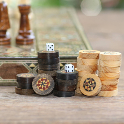 Inlaid wood backgammon and chess game, 'Crossroads' - Wood Chess and Backgammon Set with Mother of Pearl