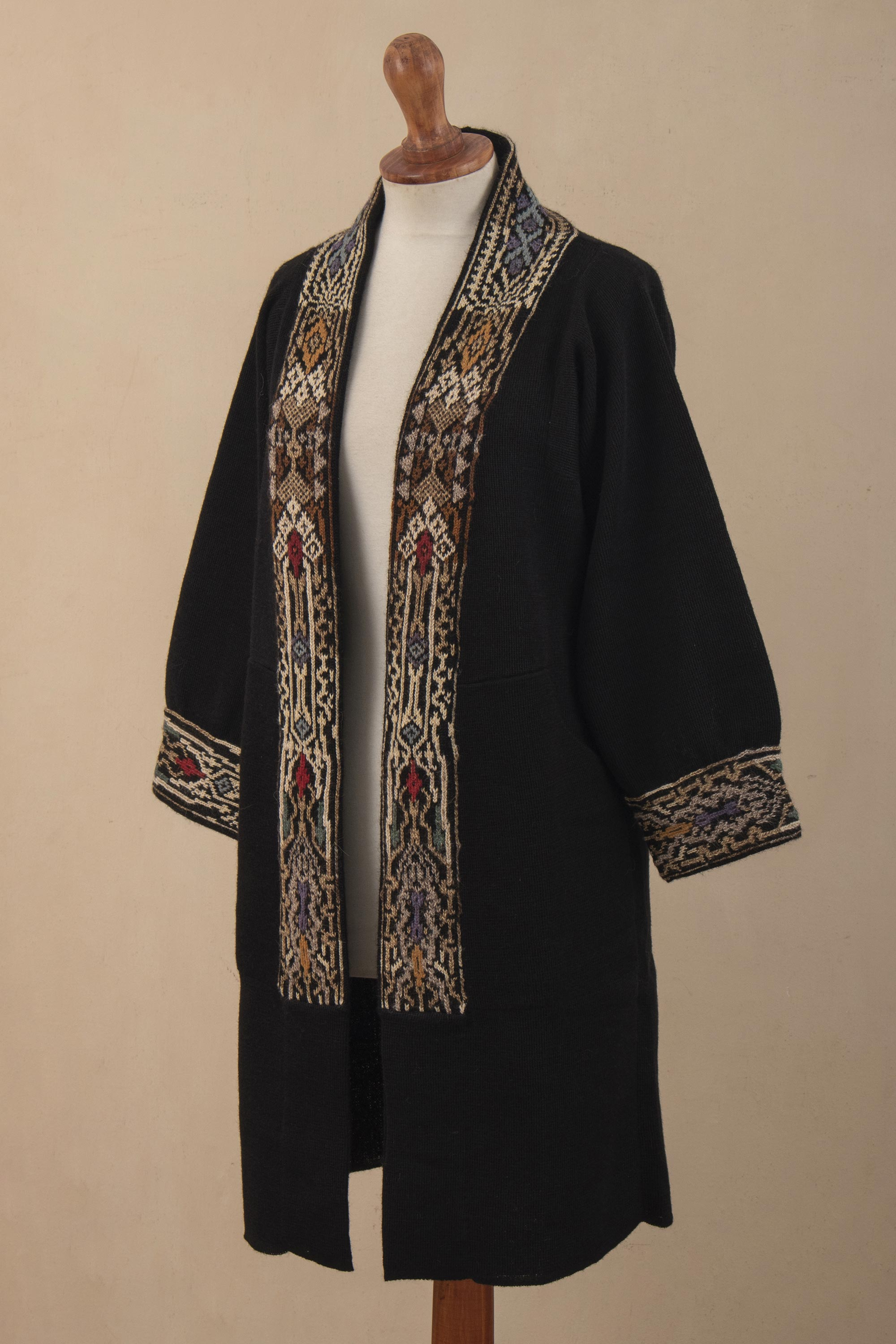 Long Open Front Alpaca Jacket - Aymara Baroque | NOVICA