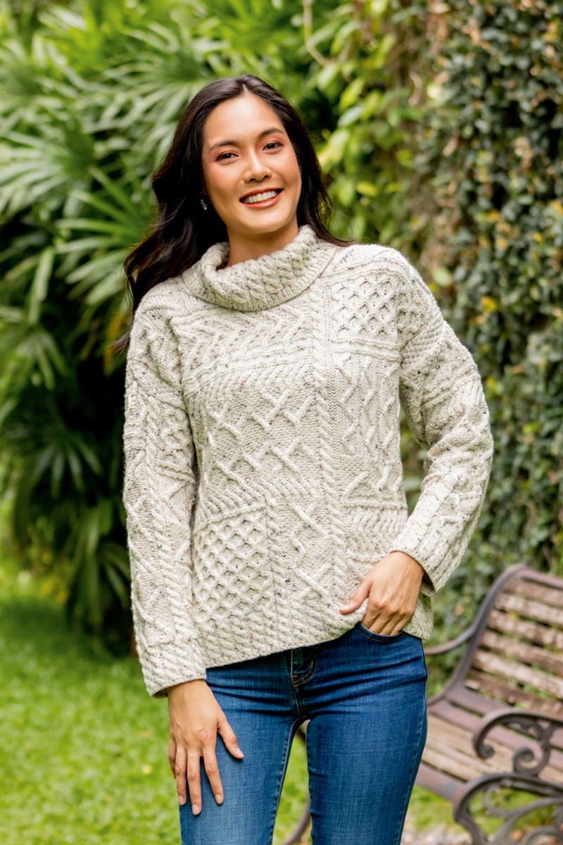 Irish Merino Wool Cowl Neck Sweater Aran Medley NOVICA