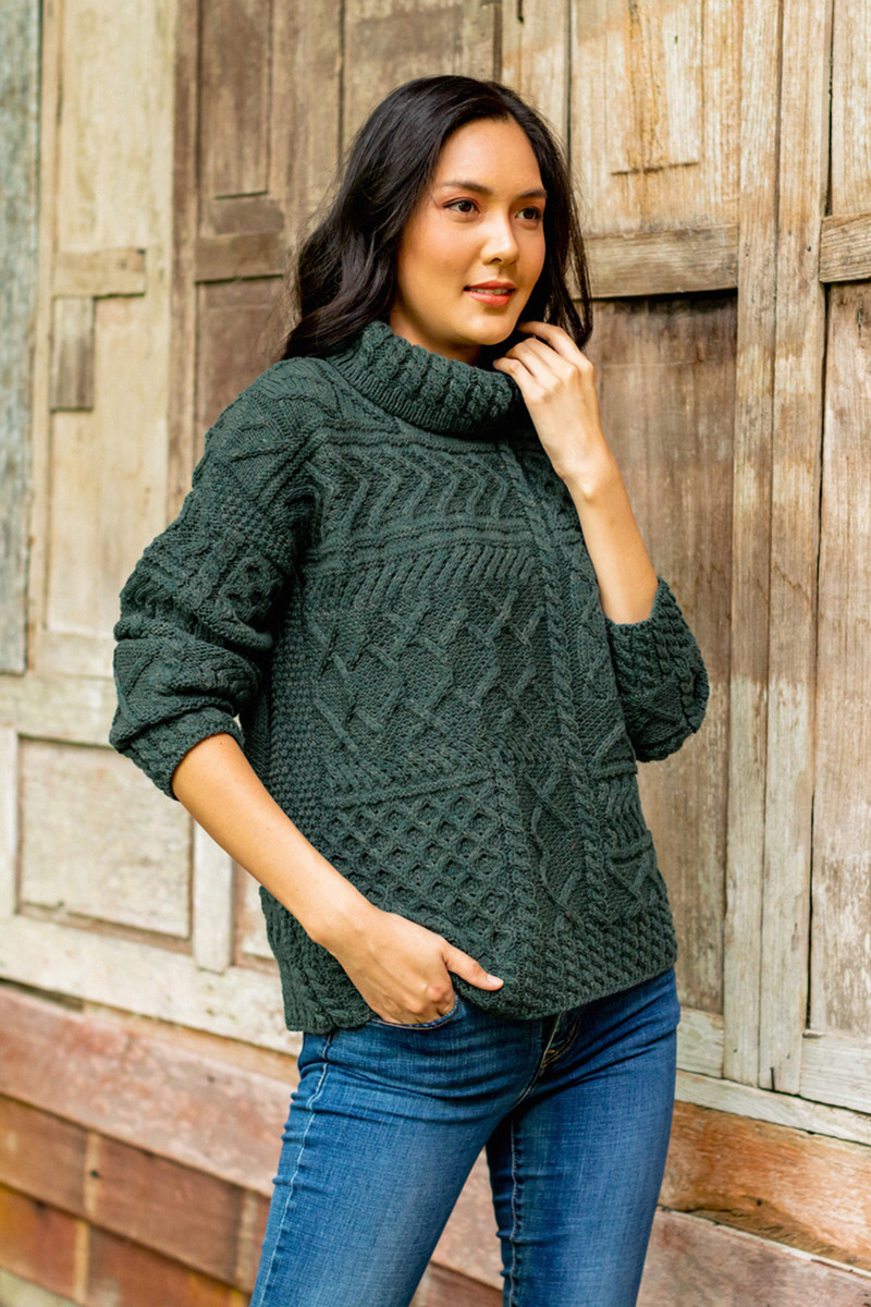 Irish Merino Wool Cowl Neck Sweater, 'Aran Medley'