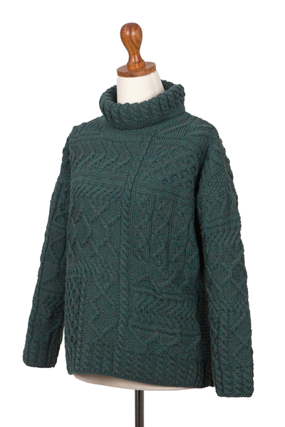 Wollpullover mit Wasserfallausschnitt, „Aran Patchwork“ – Pullover mit Wasserfallausschnitt aus irischer Merinowolle
