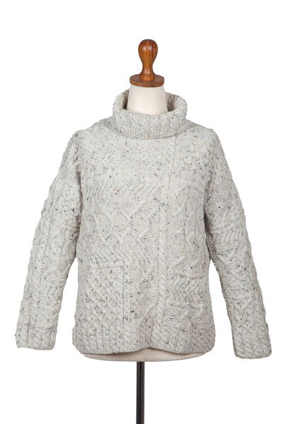 Jersey cuello vuelto de lana, 'Aran Patchwork' - Jersey de cuello vuelto de lana merino irlandesa