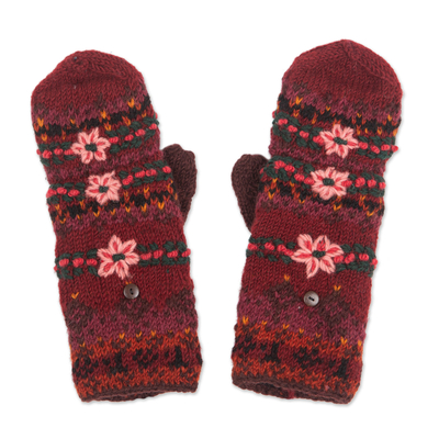 Embroidered convertible wool mittens, 'Tarai' - Hand Embroidered Wool Mittens