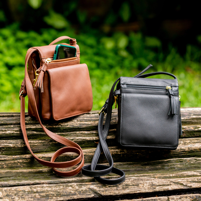 Small Leather Cross-Body Sling Bag, 'Bon Voyage'