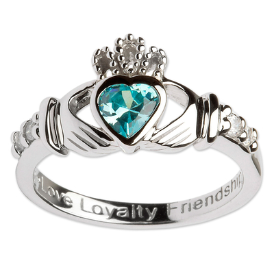 Sterling silver birthstone claddagh ring, 'March' - Rhodium-Plated Sterling Claddagh Ring with Purple CZ