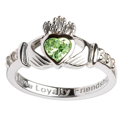 Sterling silver birthstone claddagh ring, 'August' - Green CZ Irish Claddagh Birthstone Ring