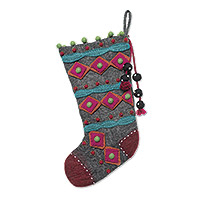 Wool felt Christmas stocking, 'Holiday Cheer' - Embellished Wool Stocking from Nepal