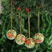 Papier mache ornaments, 'Festive Blossoms' (set of 4) - Round Floral Motif Papier Mache Ornaments (Set of 4)