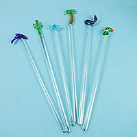 Recycled glass stirrers, 'Tropical Paradise' (set of 6) - Set of 6 Tropical Glass Drink Stirrers from Mexico