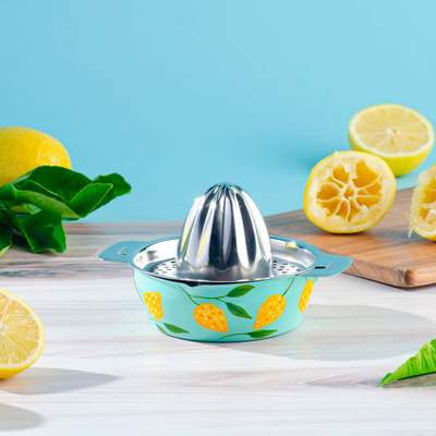 Stainless steel juicer, 'Lemon Lime Delight' - Handpainted Colorful Citrus Juicer from India