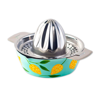 Stainless steel juicer, 'Lemon Lime Delight' - Handpainted Colorful Citrus Juicer from India