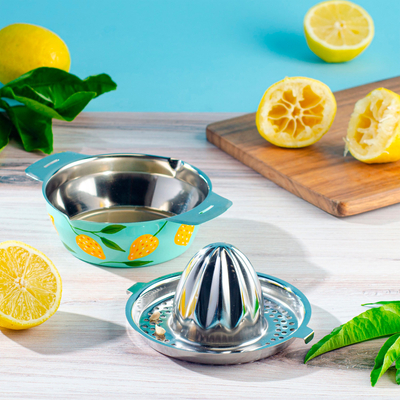 Stainless steel juicer, 'Lemon Lime Delight' - Handpainted Colorful Citrus Juicer from India