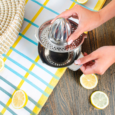 Stainless steel juicer, 'Lemon Lime Delight' - Handpainted colourful Citrus Juicer from India