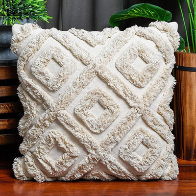 Cotton cushion cover, 'Cozy Geometry' - Woven Cotton Beige Shaggy Cushion Cover from India