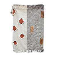 Cotton throw with tassels, 'Abstract Warmth' - Hand Tufted Cotton Throw with Tassels from India