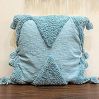 Cotton cushion cover, 'Warm Skies' - Tufted Cotton Textured Cushion Cover with Tassels from India