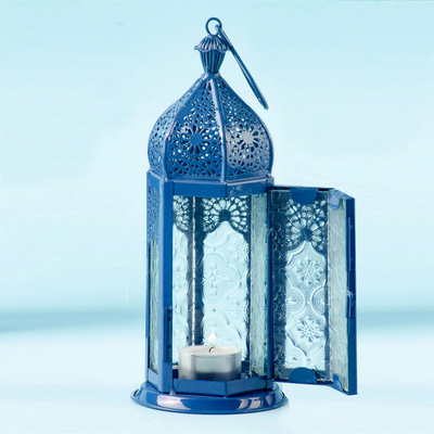 Aluminum and glass hanging candle holder, Bazaar Blue