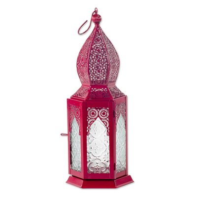 Aluminum and glass hanging candle holder, 'Market Maroon' - Maroon Hanging Candle Holder Lantern with Decorative Glass