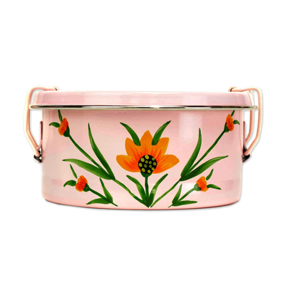 Pink Floral Stainless Steel Lunch Box Tiffin, 'Floral Pink Tiffin