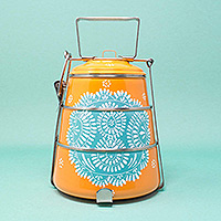 Fiambrera de acero inoxidable, 'Tiered Tiffin in Orange' - Fiambrera de acero inoxidable naranja y verde azulado Tiffin from India