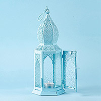 aluminium and glass hanging candle holder, 'Princely Pastel' (large) - Large Blue Hanging Lantern with Decorative Glass
